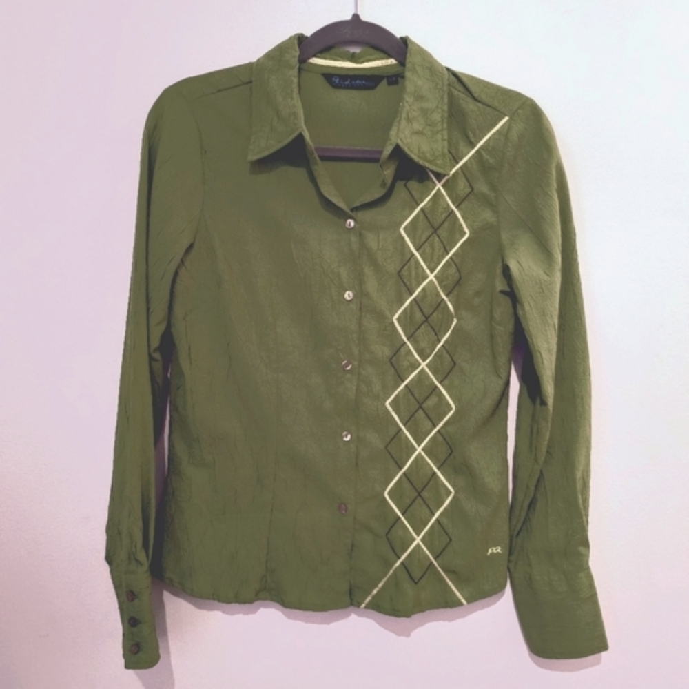 NWOT Vintage early 2000's Olive green button up POINT ZERO blouse